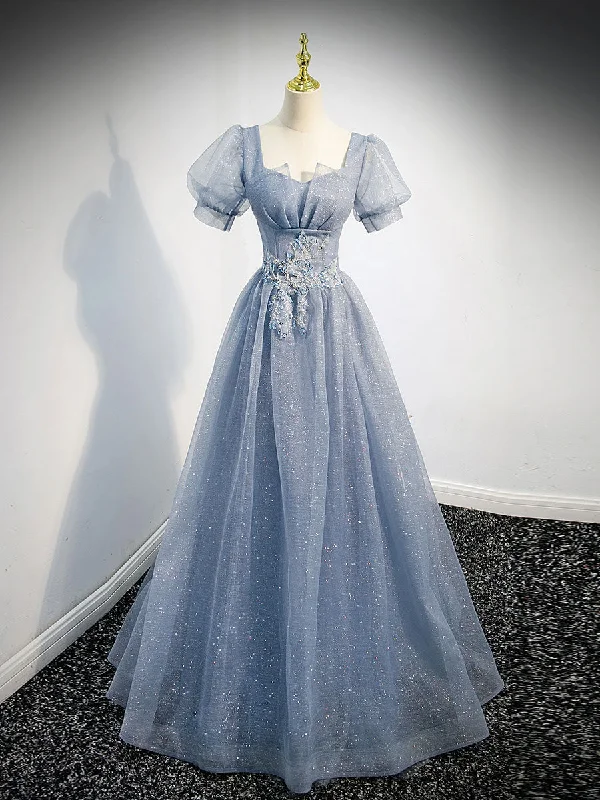 Gray Blue Tulle Long Prom Dress, Gray Blue Tulle Formal Evening Dresses Tunics Cozy soft