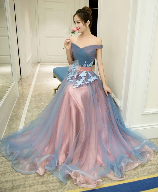 Gray Blue Tulle Off Shoulder Long Prom Dress, Gray Blue Evening Dress Lace Sexy Club