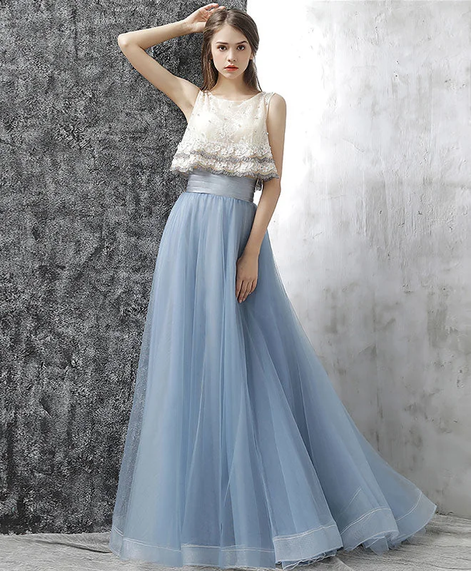 Gray Blue Two Pieces Tulle Long Prom Dress, Gray Blue Evening Dress Tunics Versatile functional