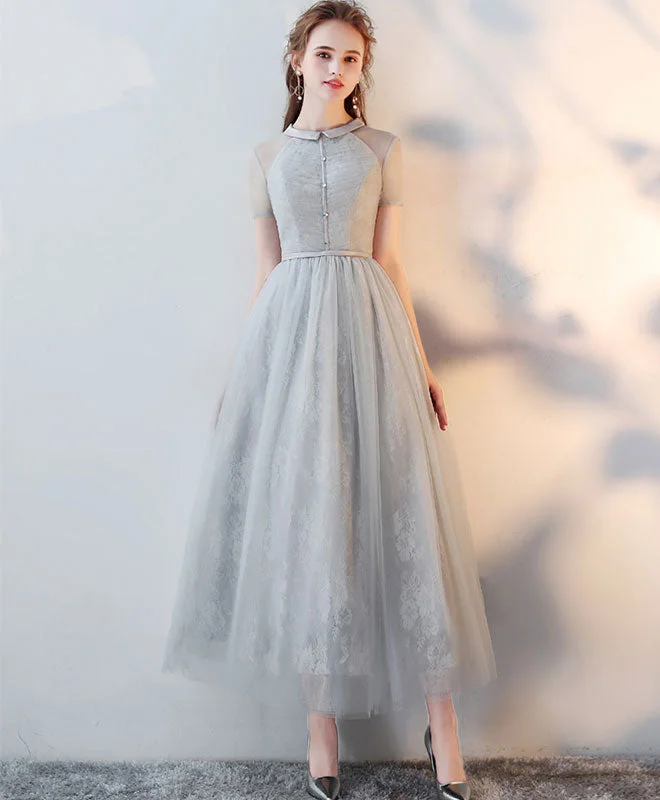 Gray High Neck Tulle Lace Prom Dress Tulle Lace Evening Dress Tunics Mesh breathable