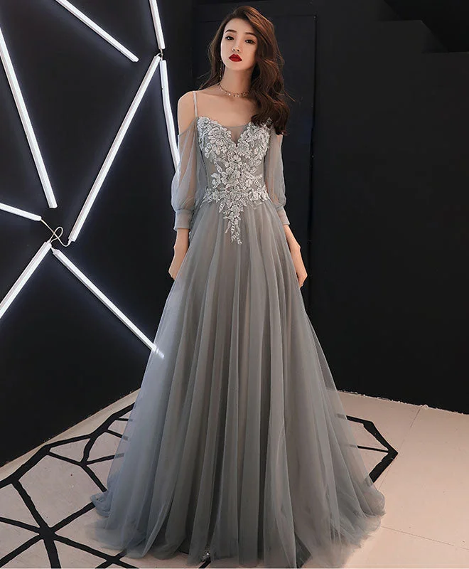 Gray Sweetheart A-Line Tulle Lace Long Prom Dress, Gray Evening Dress Tunics Recommended stylist