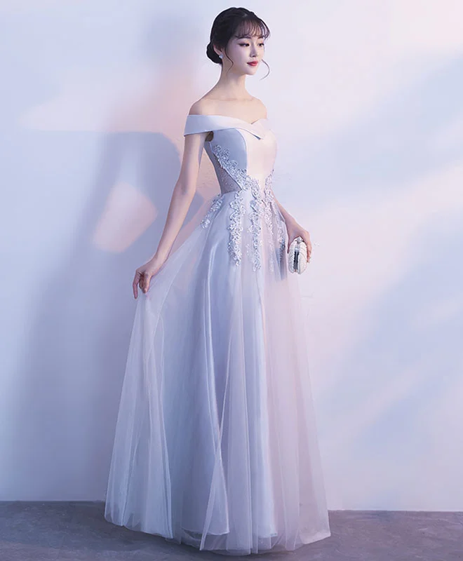 Gray Tulle Lace Off Shoulder Long Prom Dress, Evening Dress Tunics Long Elegant