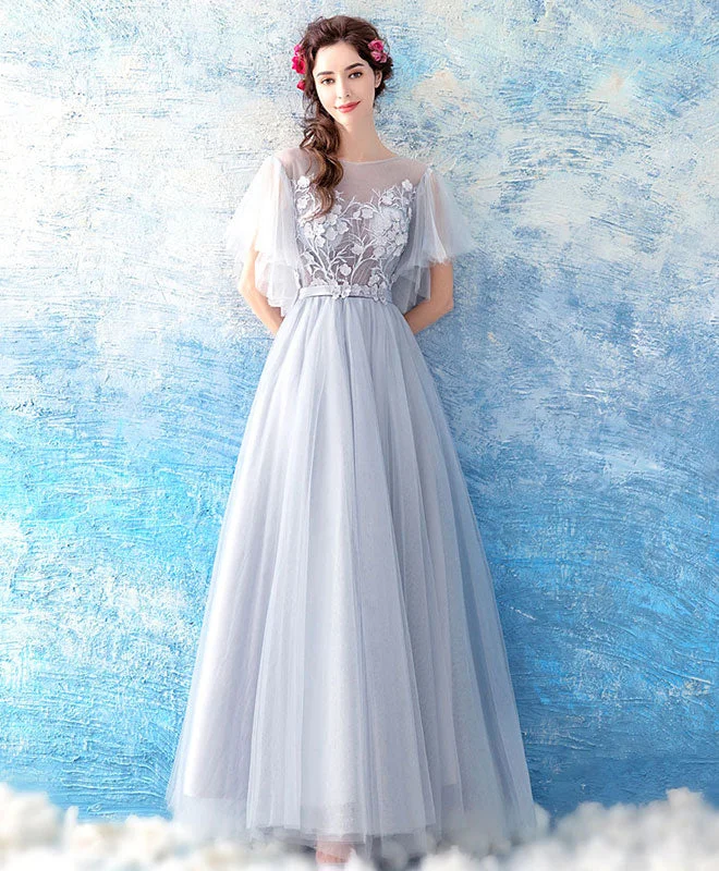 Gray Tulle Ace Long Prom Dress, Gray Evening Dress Tunics Vintage classic