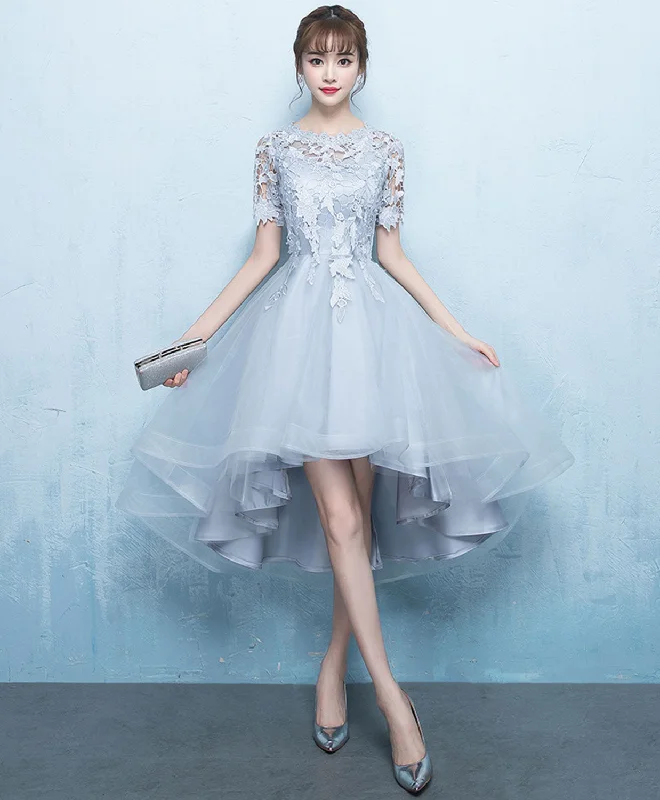 Gray Tulle Lace Applique Prom Dress, Gray Evening Dress Peplum Ruffle Cocktail