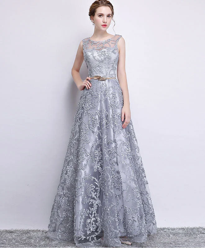 Gray Tulle Lace Long Prom Dress , Gray Evening Dress Tunics Denim casual