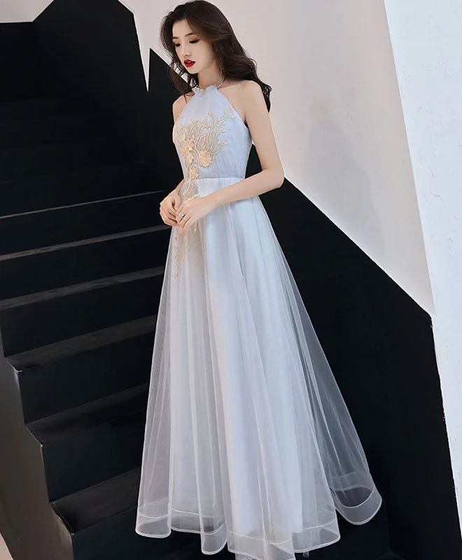 Gray Tulle Lace Long Prom Dress, Gray Tulle Evening Dress Tunics Business professional