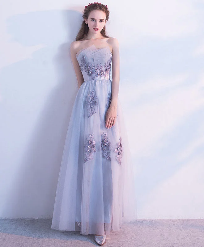 Gray Tulle Lace Long Prom Dress, Gray Tulle Evening Dress Pleated Skirt Elegant