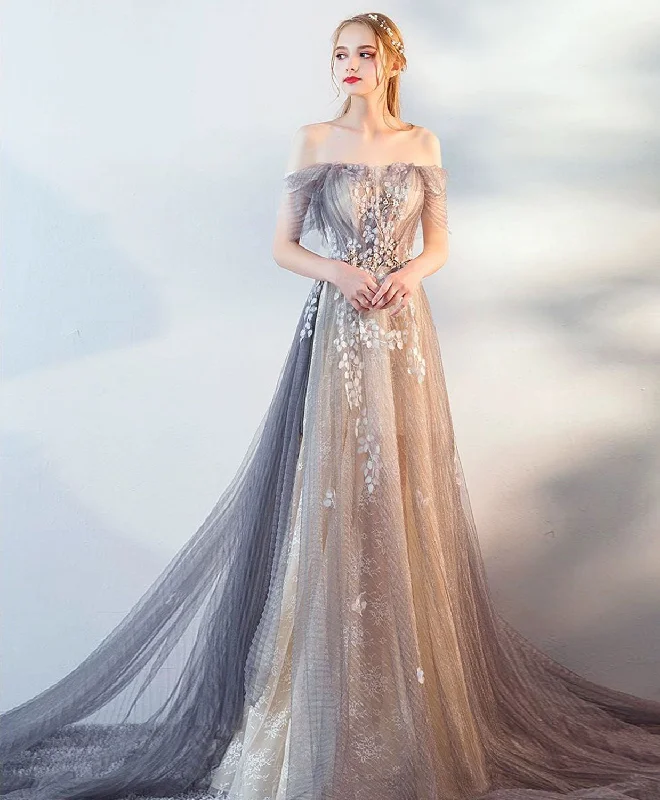 Gray Tulle Lace Long Prom Dress, Gray Tulle Lace Evening Dress Tunics Long Elegant