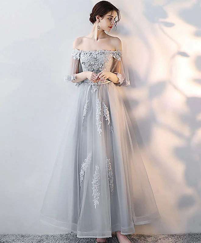 Gray Tulle Lace Long Prom Dress, Lace Evening Dress Boat Neckline Classic
