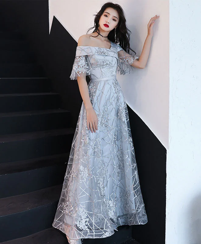 Gray Tulle Lace One Shoulder Long Prom Dress Lace Evening Dress Tunics Corduroy durable