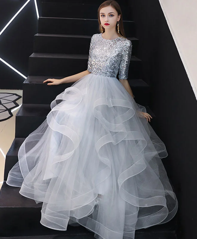 Gray Tulle Sequin Long Prom Dress, Gray Tulle Evening Dress Off-the-shoulder Bohemian Festive