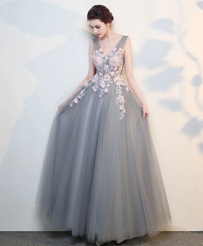 Gray V Neck Lace Long Prom Dress, Grey Evening Dress sweetheart Neckline Romantic