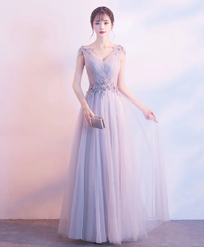 Gray V Neck Tulle Lace Long Prom Dress, Gray Tulle Evening Dress Tunics Luxurious high-end