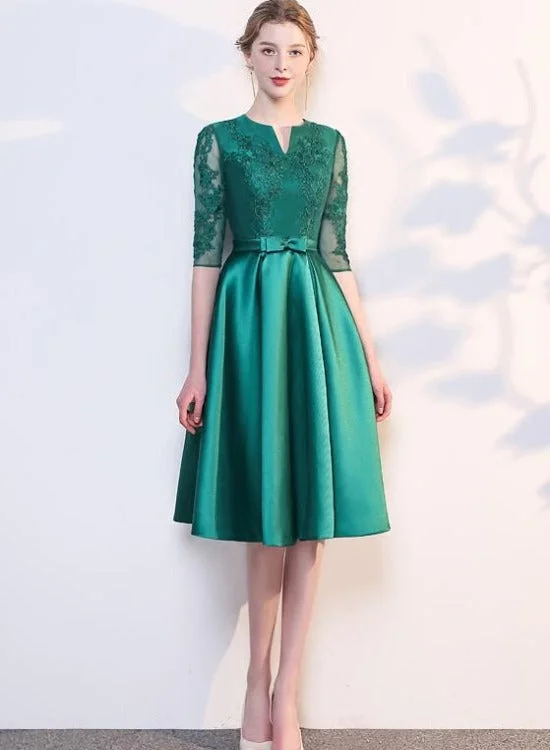 Green Satin Lace Knee Length Short Sleeves Bridesmaid Dress, Green Short Party Dress Homecoming Dress Tunics Evening elegant