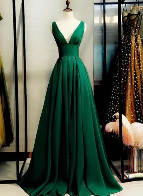 Green Satin V-neckline Low Back Floor Length Prom Dress Evening Dress, Green Party Dress Formal Dress Pleated Skirt Elegant