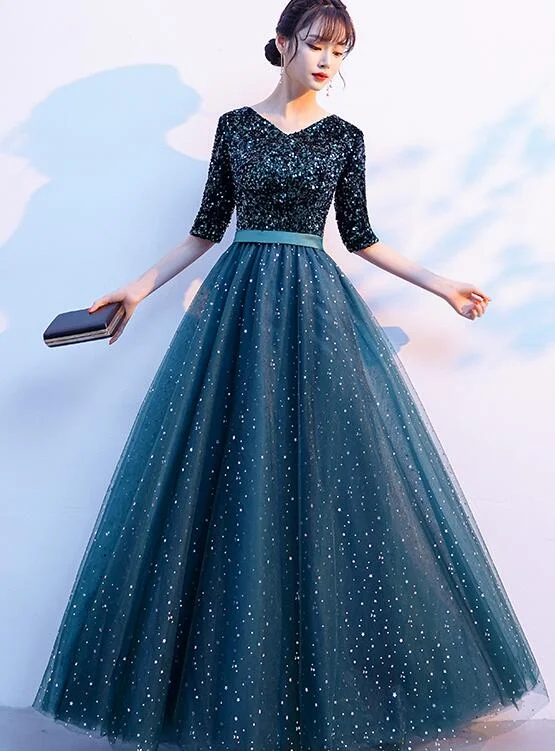 Green Sequins and Tulle Short Sleeves Long Bridesmaid Dress, Green A-line Wedding Party Dress Tunics Fall fleece Green Sequins and Tulle Short Sleeves Long Bridesmaid Dress, Green A-line Wedding Party Dress Tunics Fall fleece