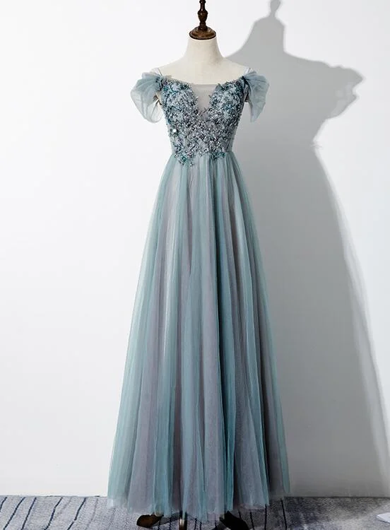Green Tulle Lace Applique Off Shoulder Party Dress, A-line Long Formal Dress Tunics Stylish modern Green Tulle Lace Applique Off Shoulder Party Dress, A-line Long Formal Dress Tunics Stylish modern