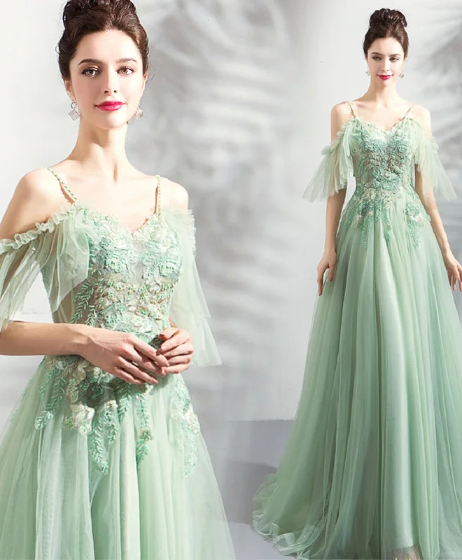 Green Tulle Off Shoulder Long Prom Dress, Green Tulle Evening Dress Tunics Polka dots