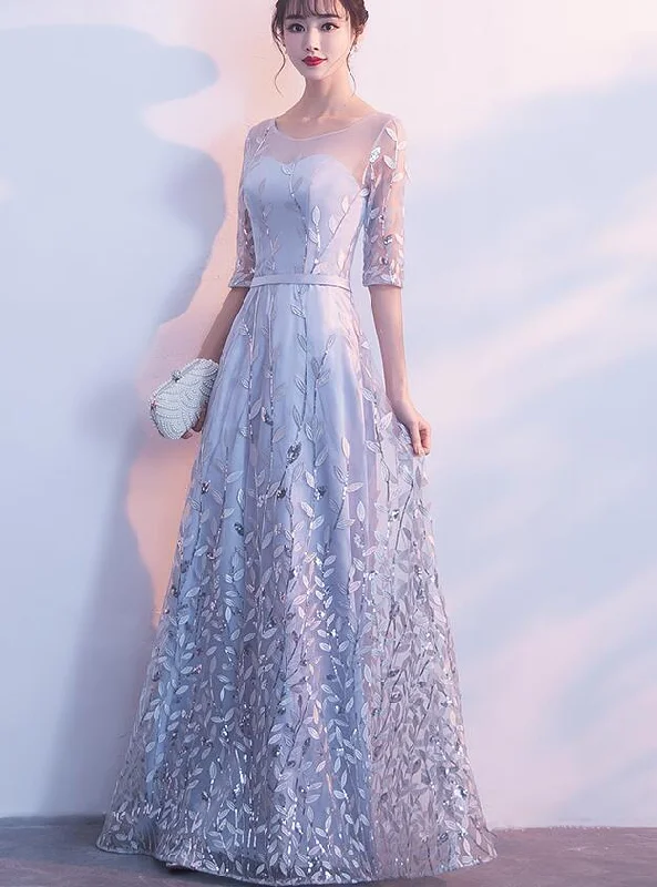 Grey A-line Tulle with Lace Short Sleeves Formal Dress, Grey Party Dress Evening Dress Chiffon Maxi Beach
