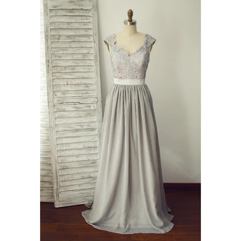 Grey Lace and Chiffon Cap Sleeves Bridesmaid Dress, Grey Wedding Party Dress Tunics Handmade artisanal