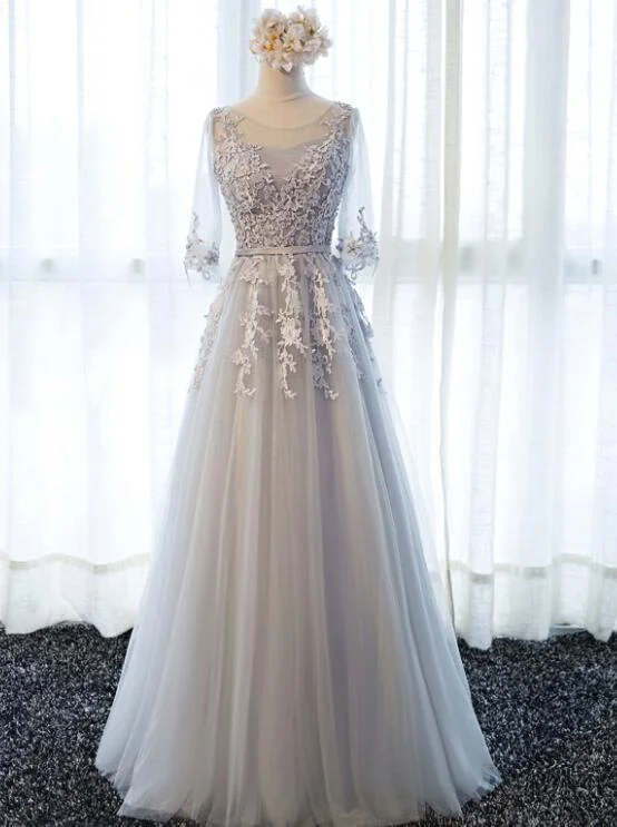 Grey Lovely Wedding Party Dress, Beautiful Tulle A-line Short Sleeves Wedding Party Dress Pleated Skirt Elegant