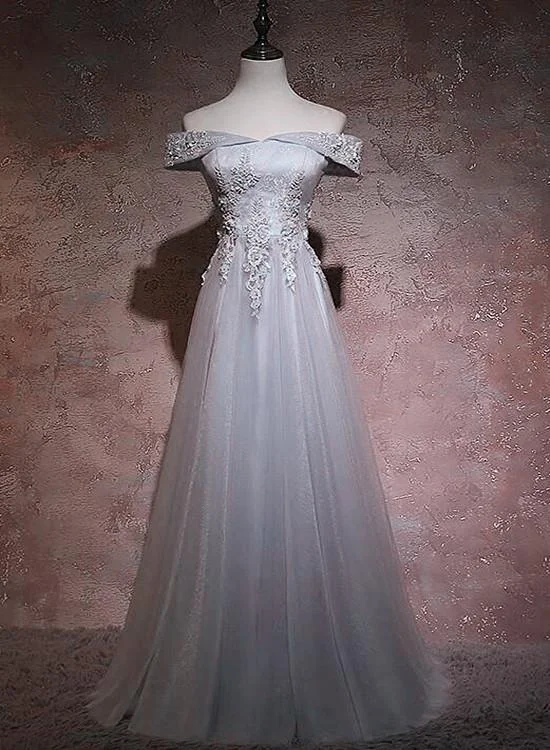 Grey Tulle Long Off Shoulder Party Dress 2021, Tulle with Lace Floor Length Party Dress Tunics Business professional Grey Tulle Long Off Shoulder Party Dress 2021, Tulle with Lace Floor Length Party Dress Tunics Business professional