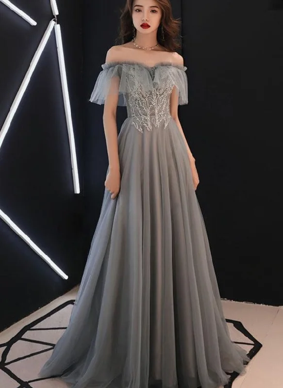 Grey Tulle Sweetheart Floor Length  Sweetheart Long Formal Prom Dress, Grey Evening Dress With Applique Lace Sexy Club