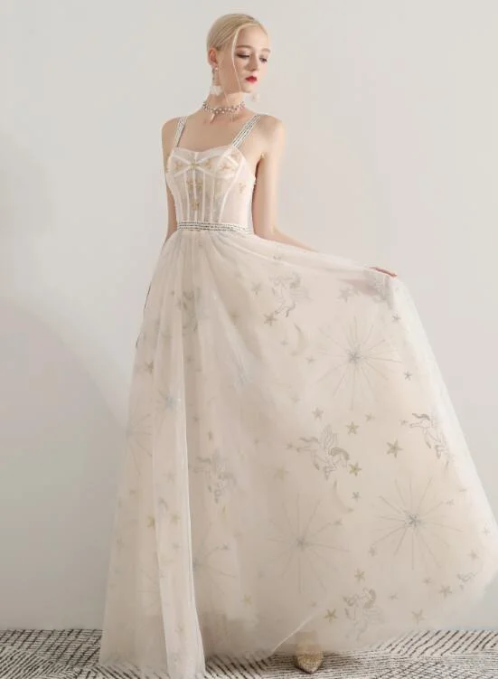 Ivory Sweetheart Straps Long Formal Dress, A-line Ivory Tulle Evening Dress Prom Dress Tunics Luxurious premium