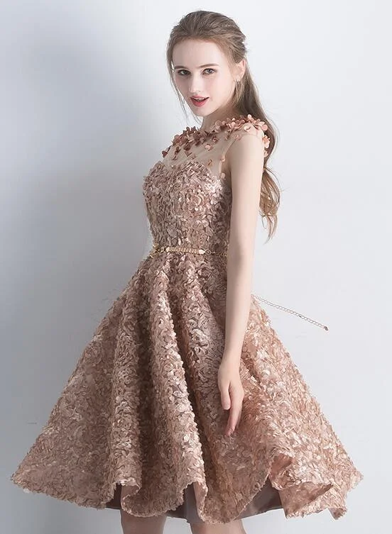 Lace Short Cute A-line Round Neckline Homecoming Dress, Lace Party Dress Formal Dress sweetheart Neckline Romantic
