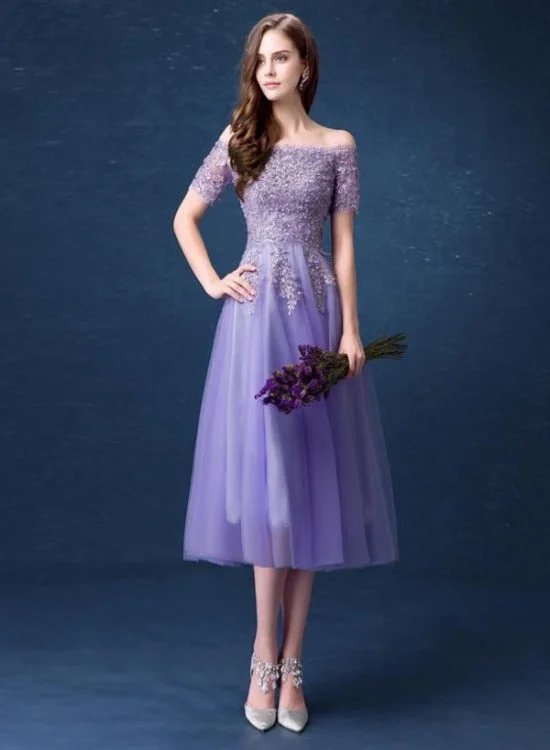 Lavender Tulle Short Lace Applique Beaded Off Shoulder Party Dress, Short Homecoming Dresses Tunics Travel practical
