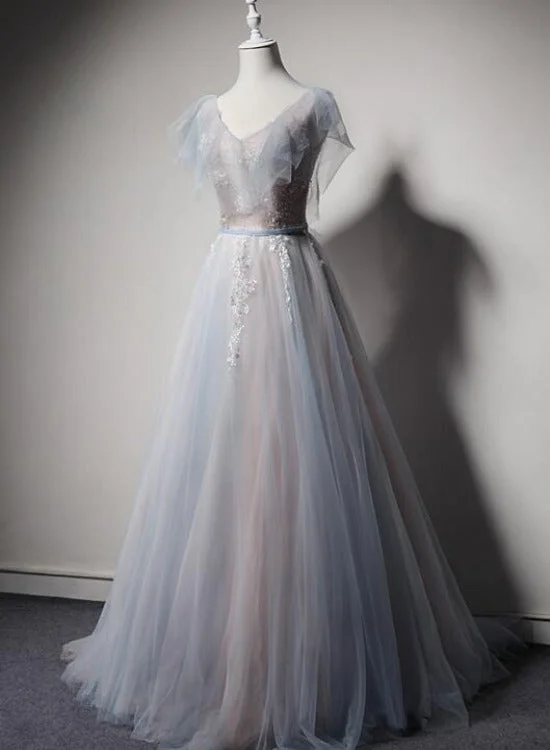 Light Blue and Pink V-neckline Tulle with Lace Evening Dress, A-line Long Prom Dress Party Dress Tunics Winter warm
