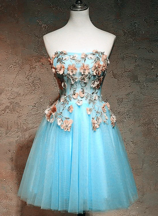 Light Blue Flowers Cute Tulle Knee Length Party Dress, Blue Floral Homecoming Dress Prom Dress Tunics Practical durable