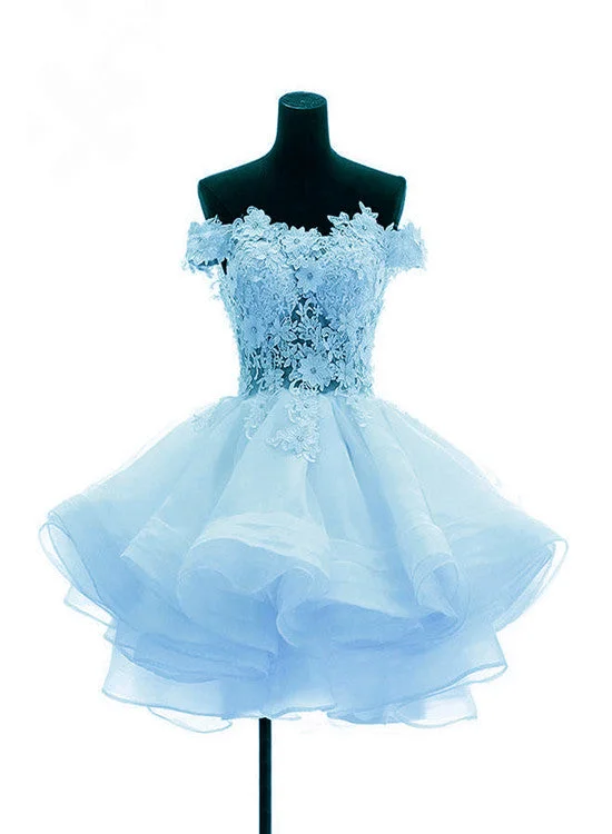 Light Blue Organza with Flower and Lace Short Party Dress, Blue Homecoming Dress Boatneck Modish Everyday