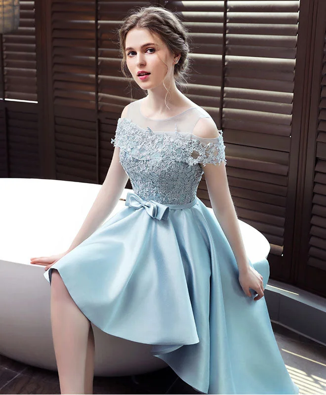 Light Blue Satin Lace Prom Dress, Blue Lace Evening Dress Tunics Corduroy durable