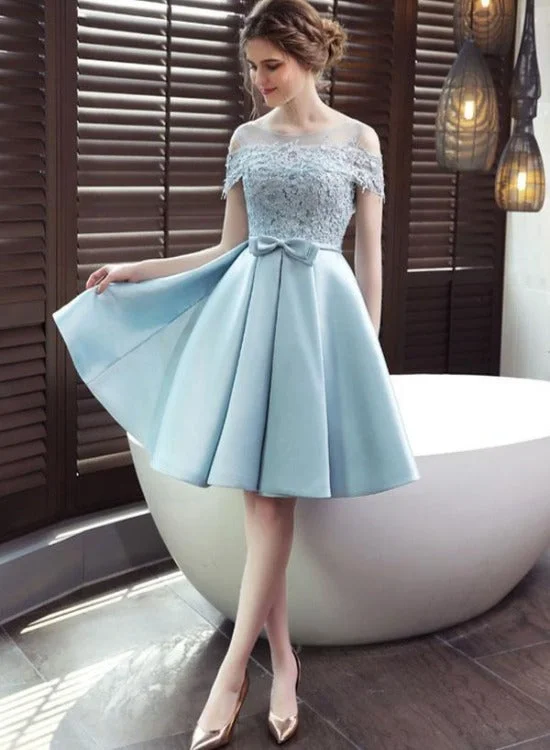 Light Blue Satin Lace Top Off Shoulder Homecoming Dress, Blue Prom Dress Party Dress Tunics stripes playful