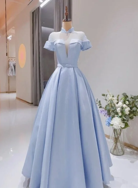 Light Blue Satin Short Sleeves High Neckline Long Evening Dress, New Style Party Dress Formal Dress Crew Neckline Casual
