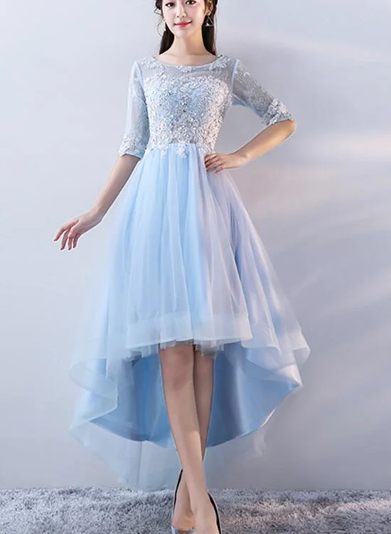 Light Blue Short Sleeves Lace Applique High Low Homecoming Dresses, Light Blue Party Dresses Crew Neckline Sporty