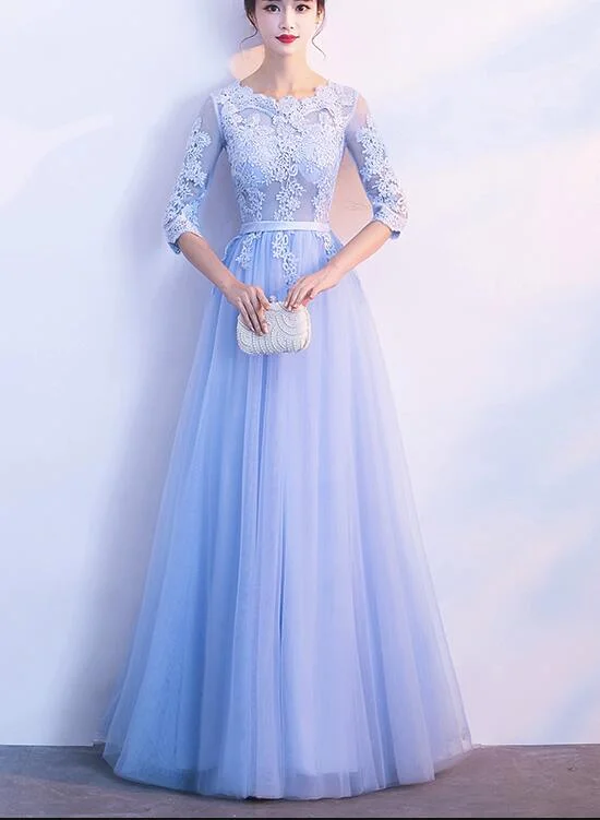 Light Blue Short Sleeves Tulle and Lace Wedding Party Dress, Lovely Formal Dress Tunics Brand named