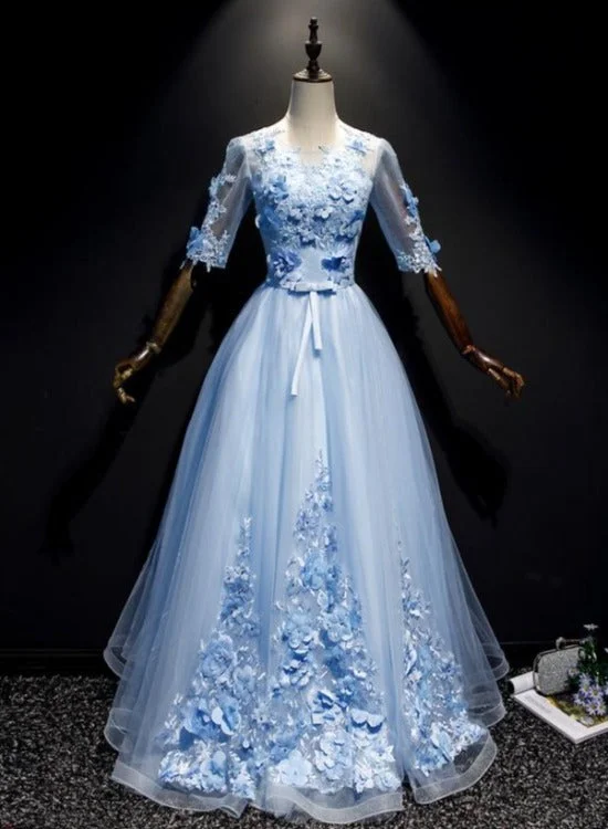 Light Blue Short Sleeves with Lace Flowers Long Sweet 16 Dress, Blue Party Dresses Tunics Sophisticated sleek
