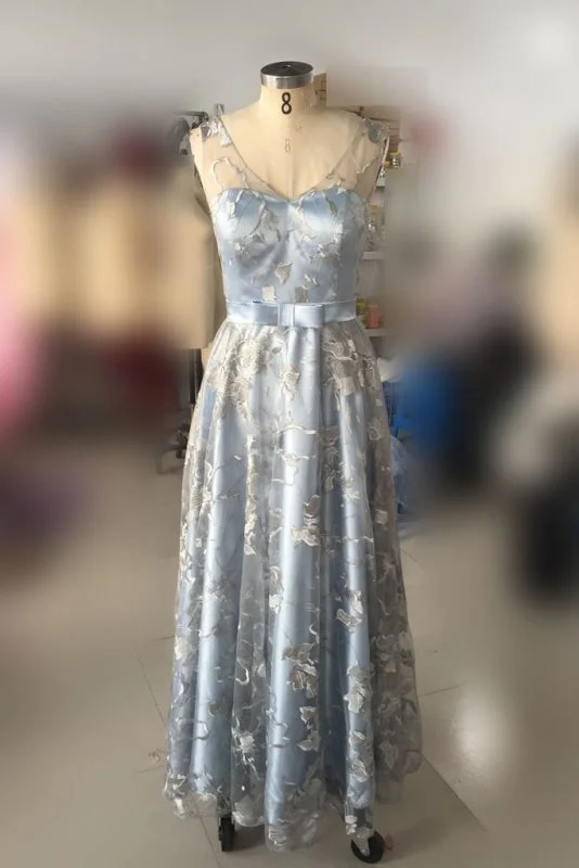 Light Blue Sleeveless Prom Dress with Lace Floor Length Evening Dresses Tunics Custom made