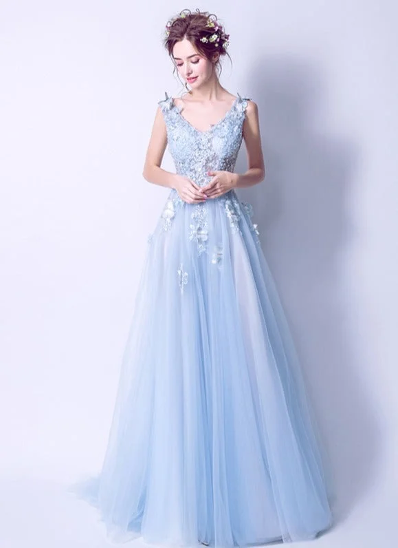 Light Blue Tulle Beaded Flowers V-neckline Prom Dress, Long Blue Party Dress Evening Dress Tunics stripes playful