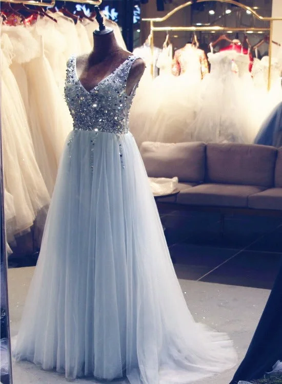 Light Blue Tulle Beaded V Back Long Formal Dress, Blue Prom Dress Wedding Party Dress Tunics Cozy comfortable Light Blue Tulle Beaded V Back Long Formal Dress, Blue Prom Dress Wedding Party Dress Tunics Cozy comfortable