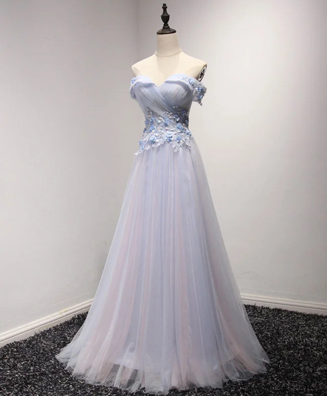 Light Blue Tulle Lace Long Prom Dress, Lace Evening Dress Tunics Office stylish