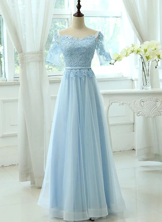 Light Blue Tulle Long Party Dress with Sleeves, Lace A-line Blue Bridesmaid Dress Crew Neckline Casual Light Blue Tulle Long Party Dress with Sleeves, Lace A-line Blue Bridesmaid Dress Crew Neckline Casual