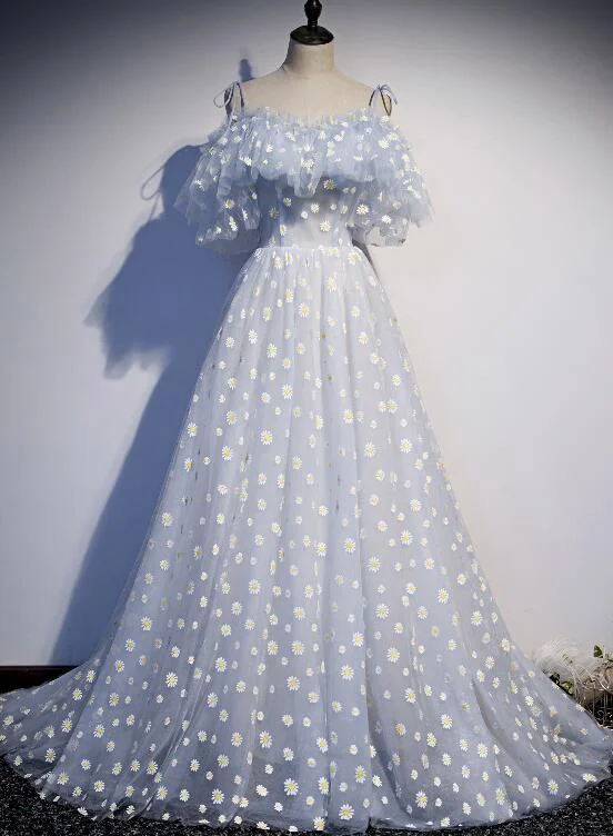 Light blue Tulle Straps Flowers Long Formal Dress, Blue Prom Dress Party Dress Tunics Distressed trendy