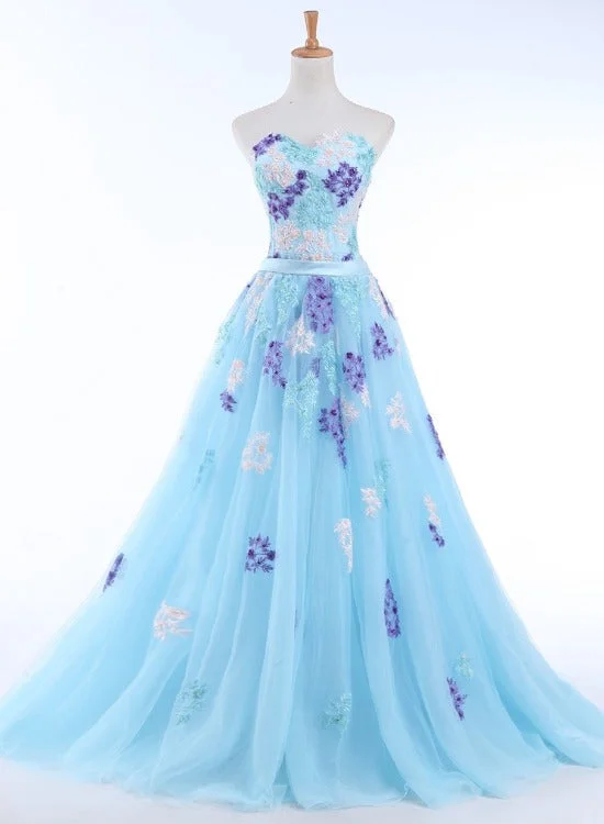 Light Blue Tulle Sweetheart Long Party Dress, Blue A-line Formal Dress with Lace Applique Tunics Designer luxury