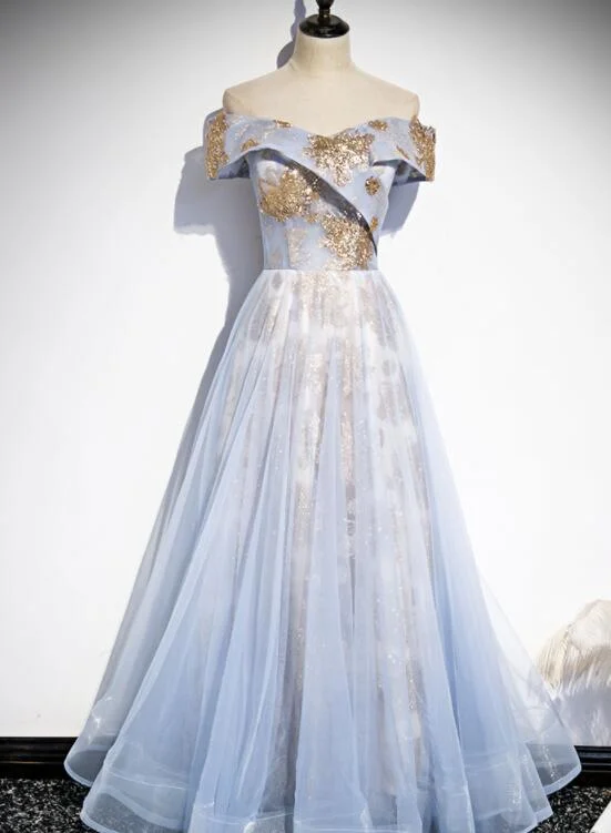 Light Blue Tulle with Gold Sequins Off Shoulder Prom Dress, Blue A-line Formal Dress Evening Dress Off-the-shoulder Bohemian Festive