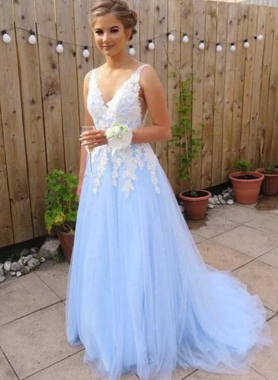 Light Blue Tulle with White Lace Applique Floor Length Party Dress, Elegant Senior Prom Dress Tunics Seasonal trendy