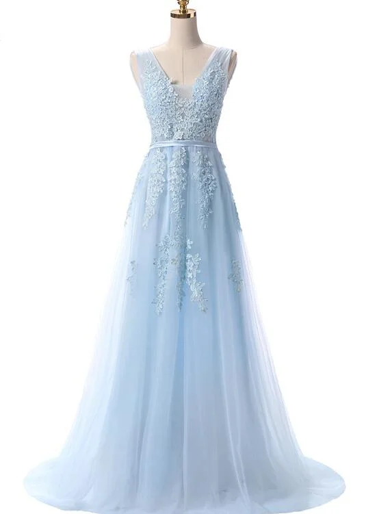 Light Blue V-neckline Long Lace Applique Prom Dress, Tulle Formal Dress Evening Dress Boat Neckline Classic