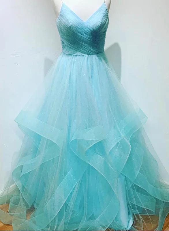 Light Blue V-neckline Straps Layers Long Party Dress, Light Blue Evening Dress Formal Dress Tunics Formal black